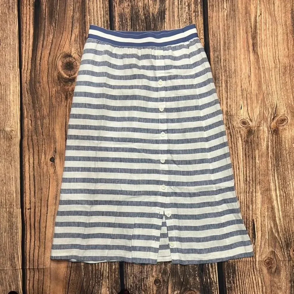 J. Jill Women's Size Small Love Linen Blue Striped A-Line‎ Midi Skirt